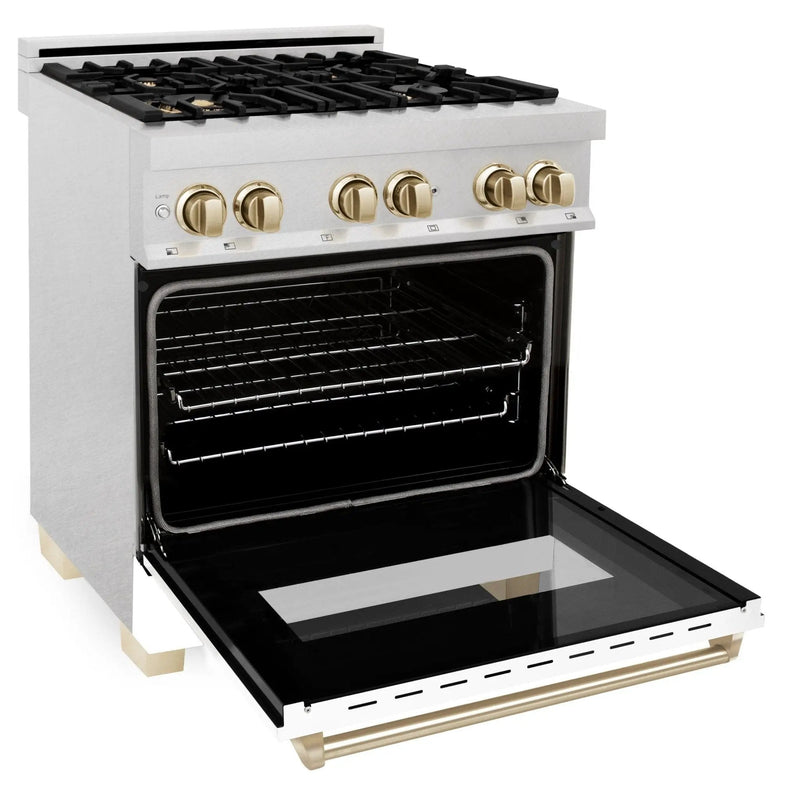 ZLINE 30" Autograph, Dual Fuel Range, White Door, Gold, RASZ-WM-30-G by Farmhouse Kitchen and Bath