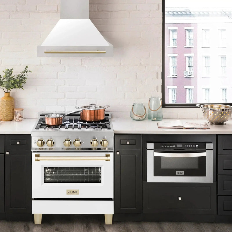 ZLINE 30" Autograph Stainless Wall Range Hood, White, 8654STZ-WM30-G by Farmhouse Kitchen and Bath