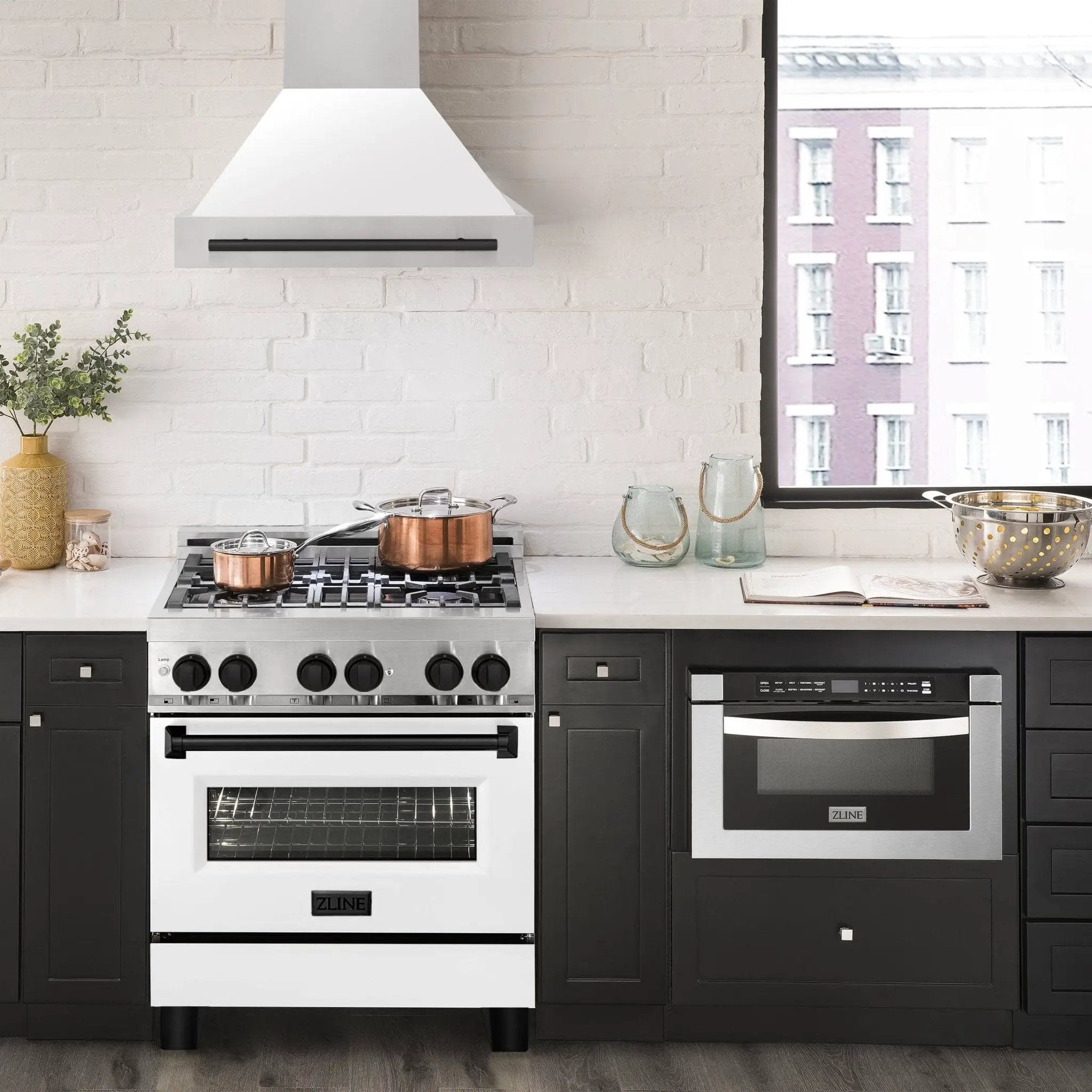 ZLINE 30" Autograph Stainless Wall Range Hood, White, 8654STZ-WM30-MB by Farmhouse Kitchen and Bath