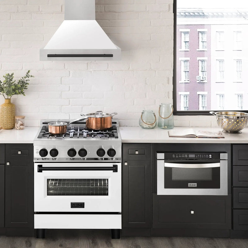 ZLINE 30" Autograph Stainless Wall Range Hood, White, 8654STZ-WM30-MB by Farmhouse Kitchen and Bath