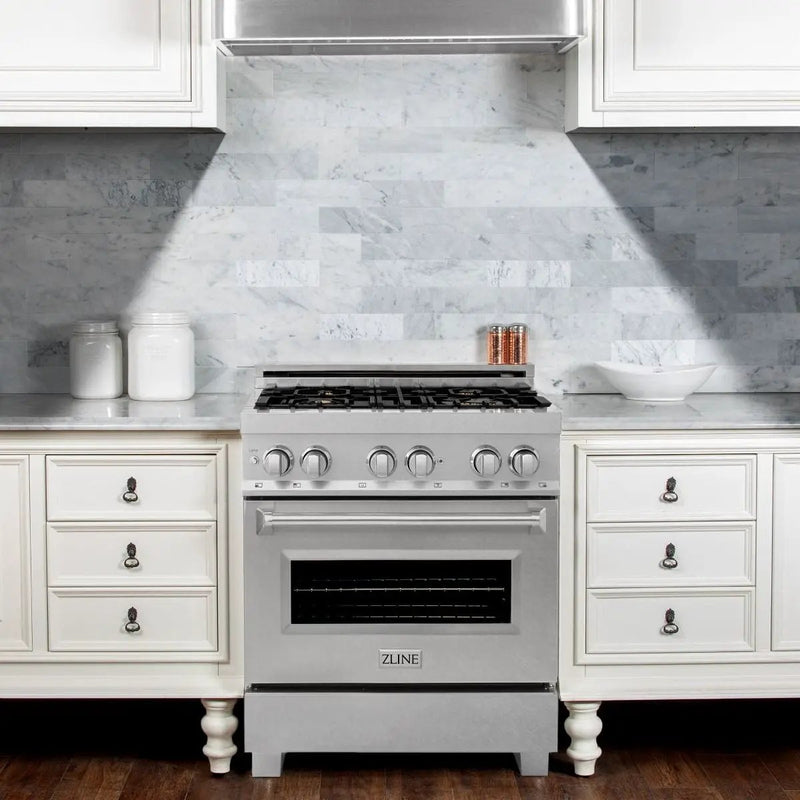 ZLINE 30" Dual Fuel Range, DuraSnow, Stainless, Brass Burners, RAS-SN-BR-30 by Farmhouse Kitchen and Bath
