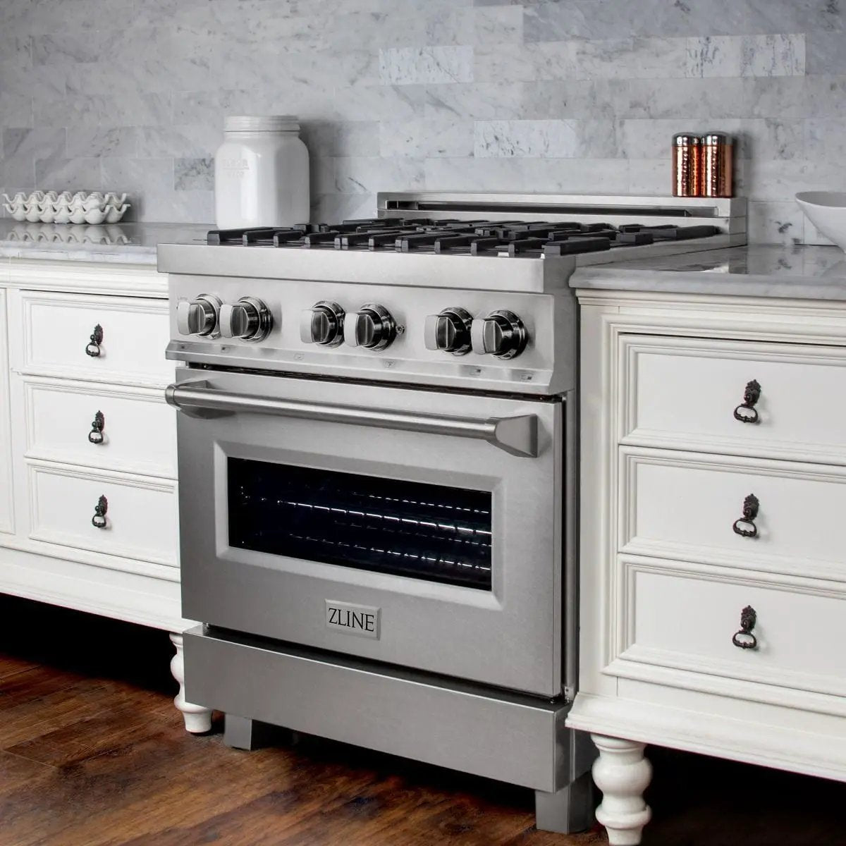 ZLINE 30" Dual Fuel Range, DuraSnow, Stainless, Brass Burners, RAS-SN-BR-30 by Farmhouse Kitchen and Bath