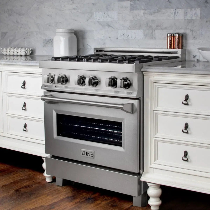 ZLINE 30" Dual Fuel Range, DuraSnow, Stainless, Brass Burners, RAS-SN-BR-30 by Farmhouse Kitchen and Bath