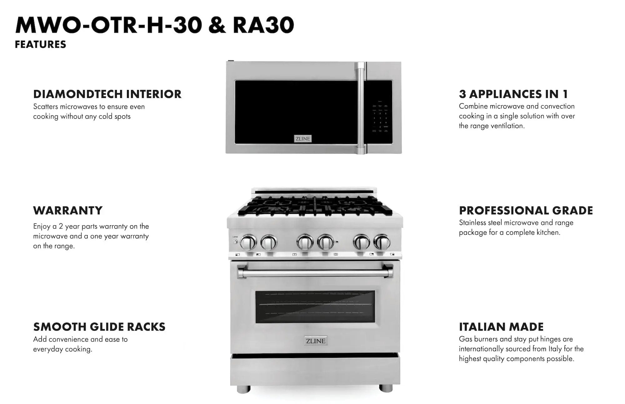 ZLINE 30" Range RA30 & Microwave MWO-OTR-H-30 Bundle, 2KP-RAOTRH30 by Farmhouse Kitchen and Bath