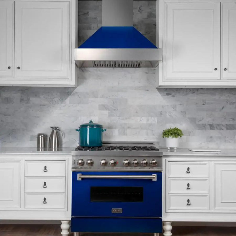 ZLINE 30" Snow Finish Wall Range Hood, Blue Gloss Shell, 8654BG-30 by Farmhouse Kitchen and Bath