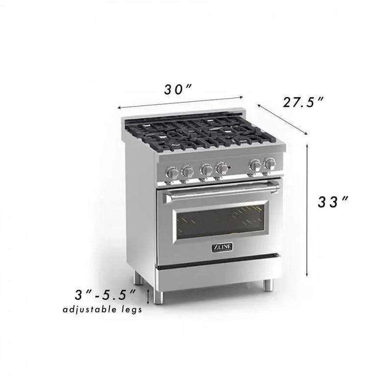 ZLINE 30" Stainless 4.0 cu.ft. 4 Gas Burner/Electric Oven Range RA30 by Farmhouse Kitchen and Bath