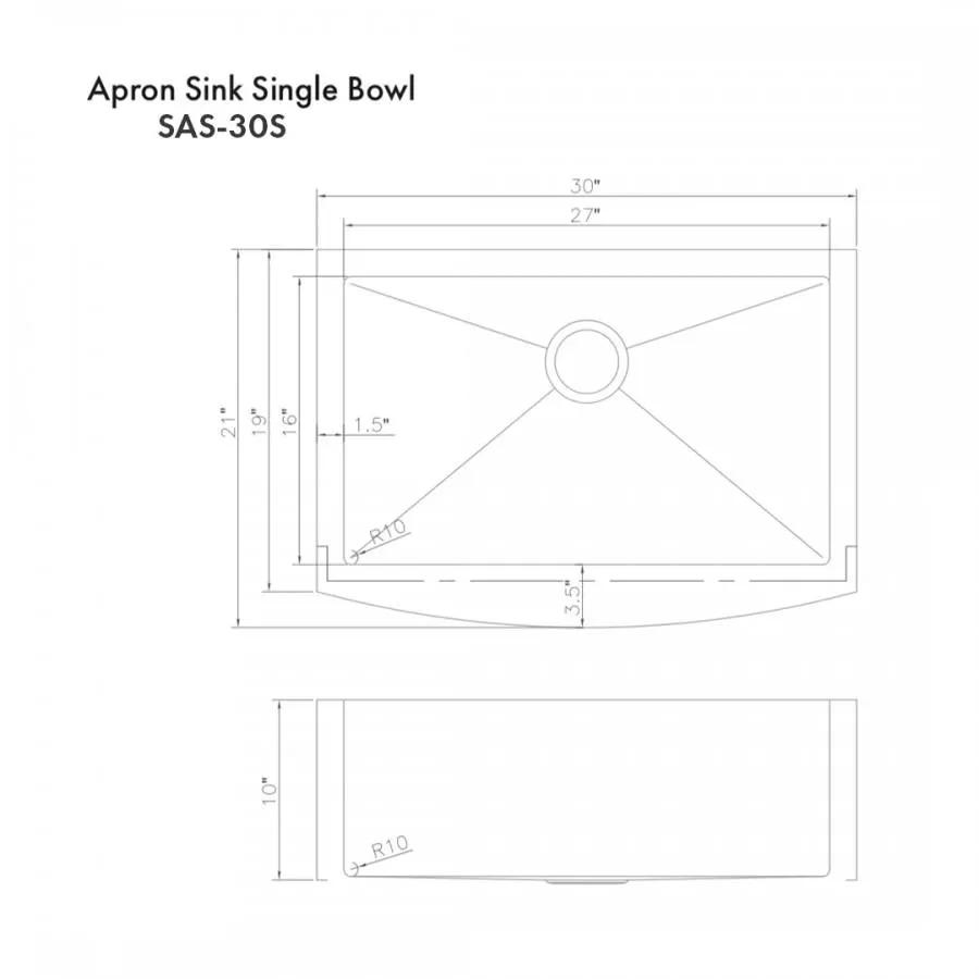 ZLINE 30" Undermount Single Bowl Apron Sink Stainless Steel, SAS-30S by Farmhouse Kitchen and Bath