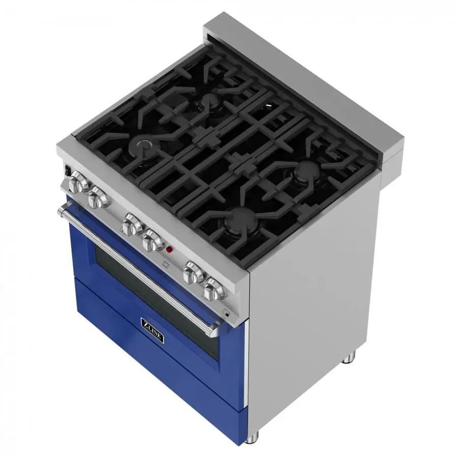 ZLINE 30"Dual Fuel Range, Snow Stainless, Blue Gloss Door, RAS-BG-30 by Farmhouse Kitchen and Bath