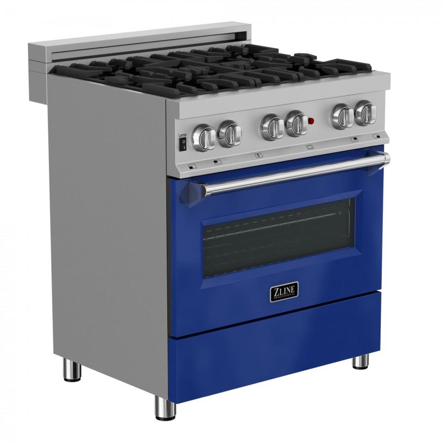 ZLINE 30"Dual Fuel Range, Snow Stainless, Blue Gloss Door, RAS-BG-30 by Farmhouse Kitchen and Bath