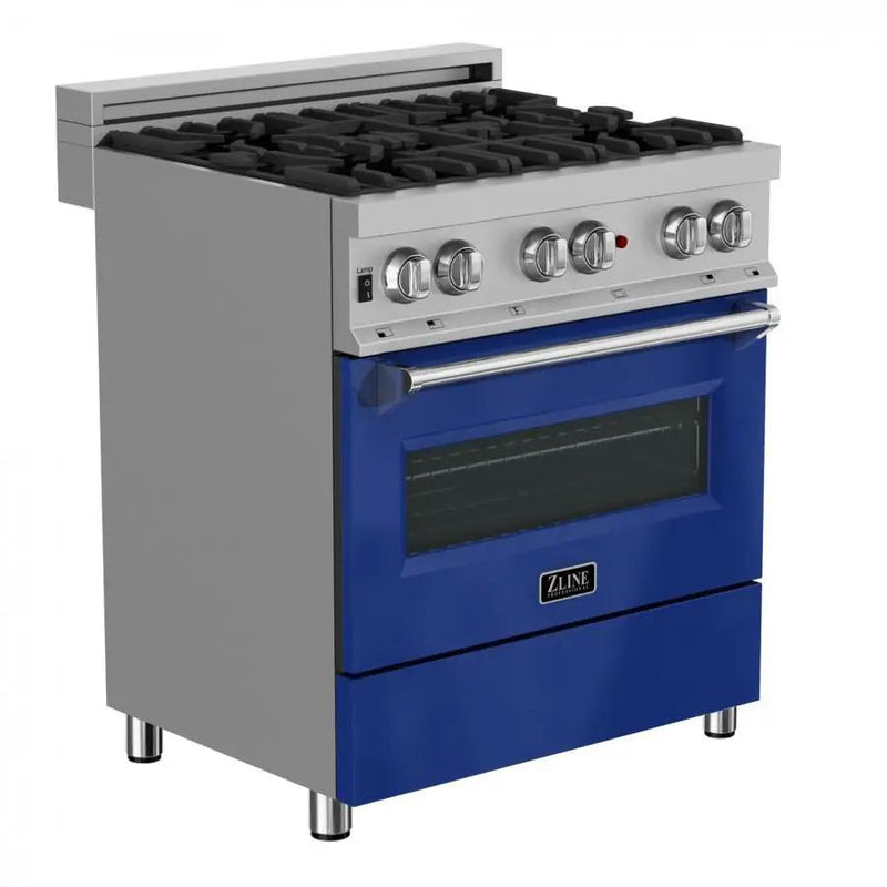 ZLINE 30"Dual Fuel Range, Snow Stainless, Blue Gloss Door, RAS-BG-30 by Farmhouse Kitchen and Bath