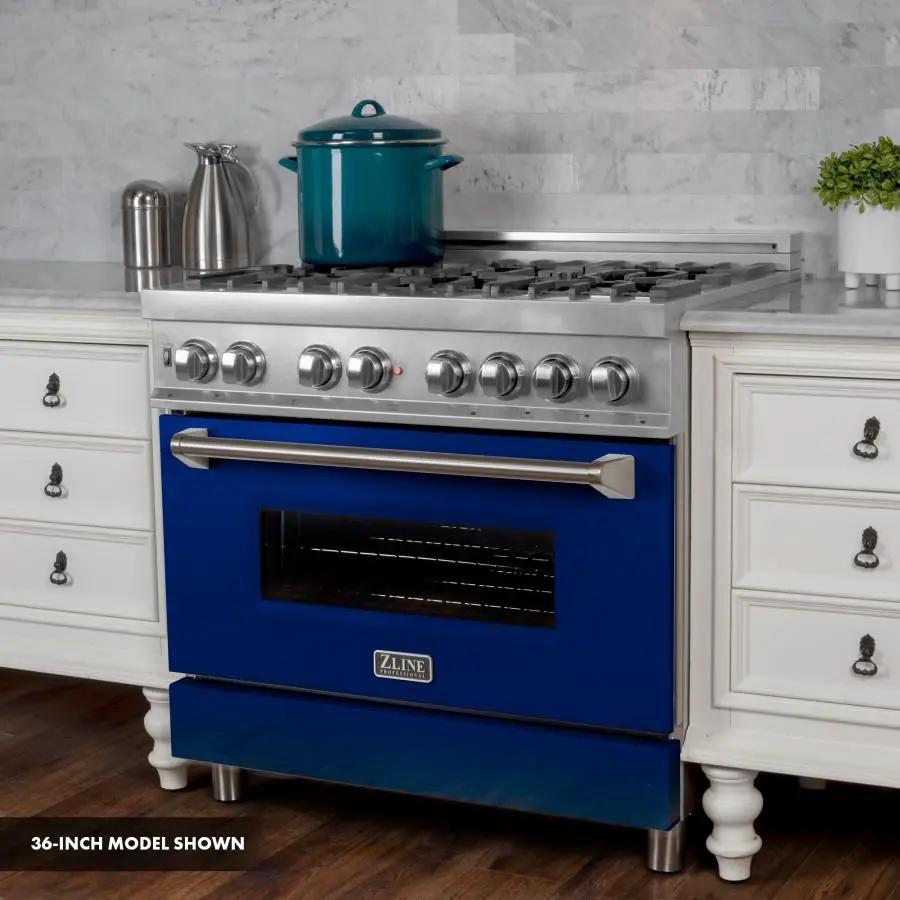 ZLINE 30"Dual Fuel Range, Snow Stainless, Blue Gloss Door, RAS-BG-30 by Farmhouse Kitchen and Bath