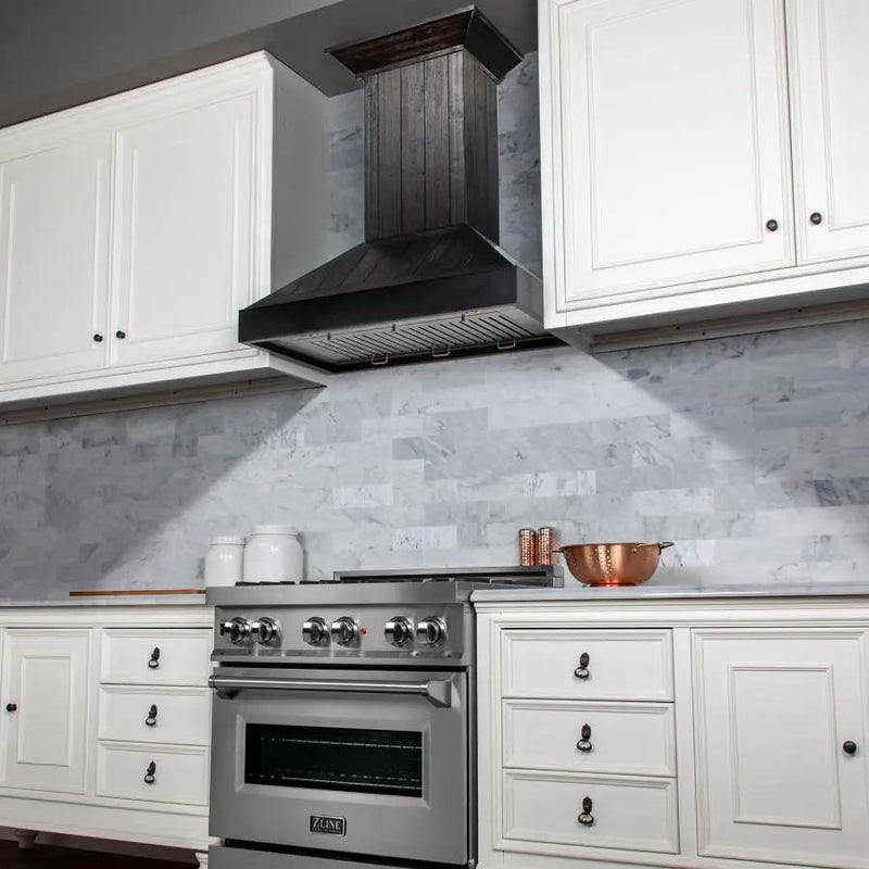 ZLINE 30"Wooden Wall Range Hood, Rustic Dark, KPDD-30 by Farmhouse Kitchen and Bath