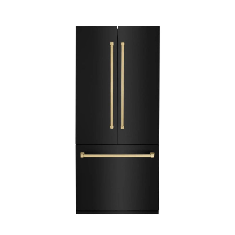 ZLINE 36" Autograph 19.6 cu. ft. 3-Door French Door Fridge Water/Ice Dispenser Black Stainless Steel Champagne Bronze Accents RBIVZ-BS-36-CB by Farmhouse Kitchen and Bath