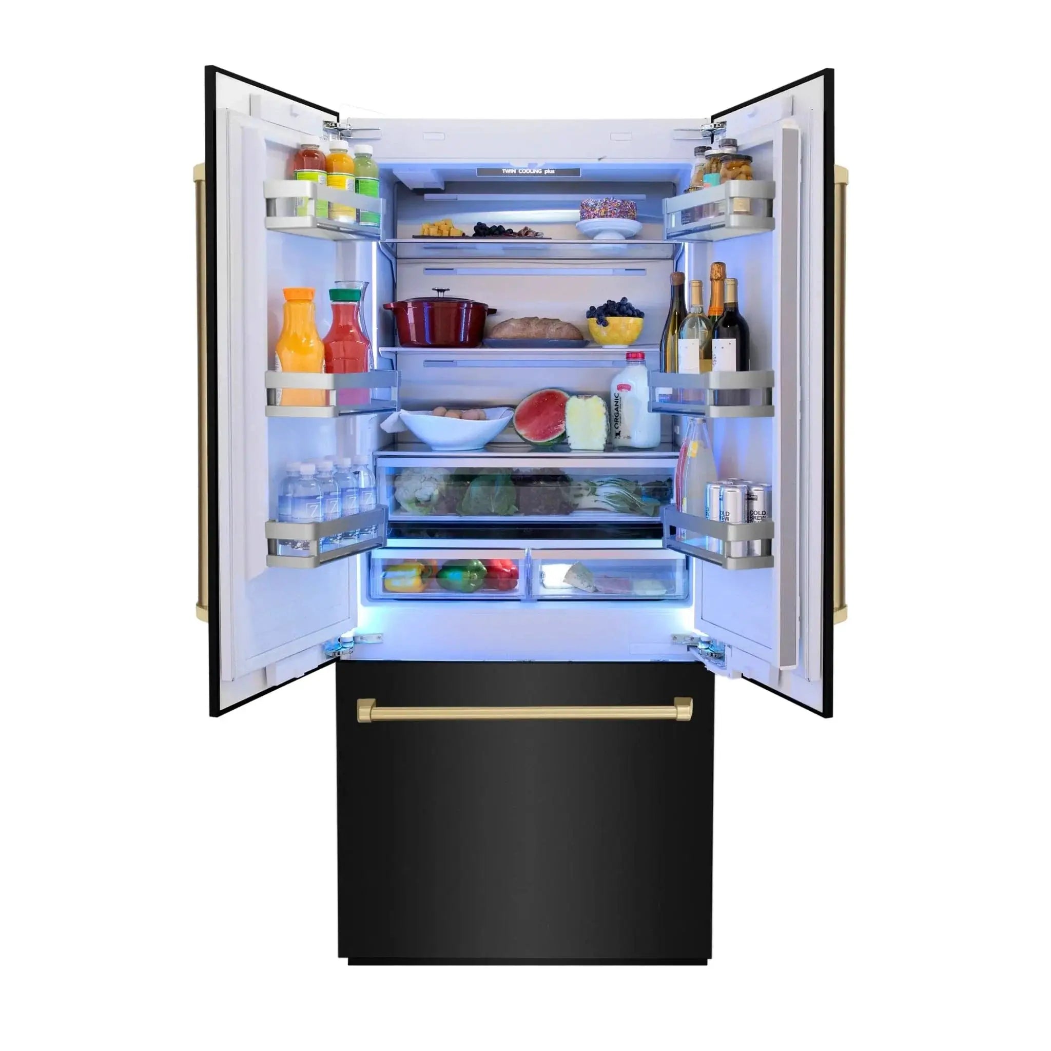 ZLINE 36" Autograph 19.6 cu. ft. 3-Door French Door Fridge Water/Ice Dispenser Black Stainless Steel Champagne Bronze Accents RBIVZ-BS-36-CB by Farmhouse Kitchen and Bath