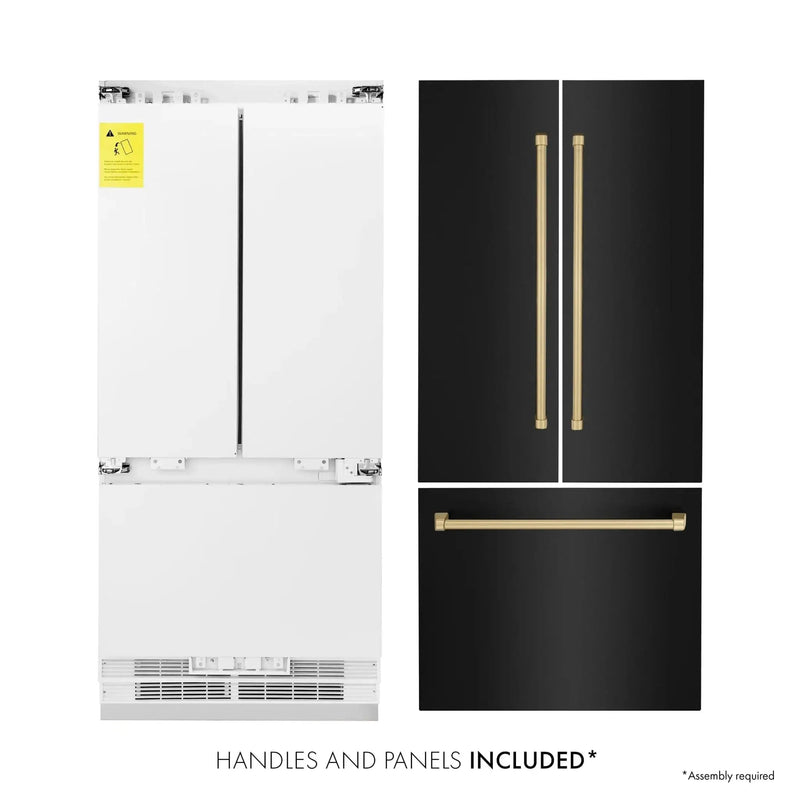 ZLINE 36" Autograph 19.6 cu. ft. 3-Door French Door Fridge Water/Ice Dispenser Black Stainless Steel Champagne Bronze Accents RBIVZ-BS-36-CB by Farmhouse Kitchen and Bath