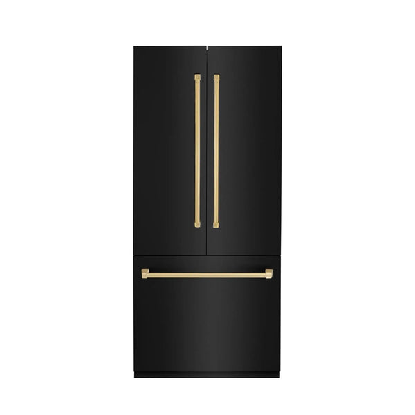 ZLINE 36" Autograph 19.6 cu. ft. 3-Door French Door Fridge Water/Ice Dispenser Black Stainless Steel Gold Accents RBIVZ-BS-36-G