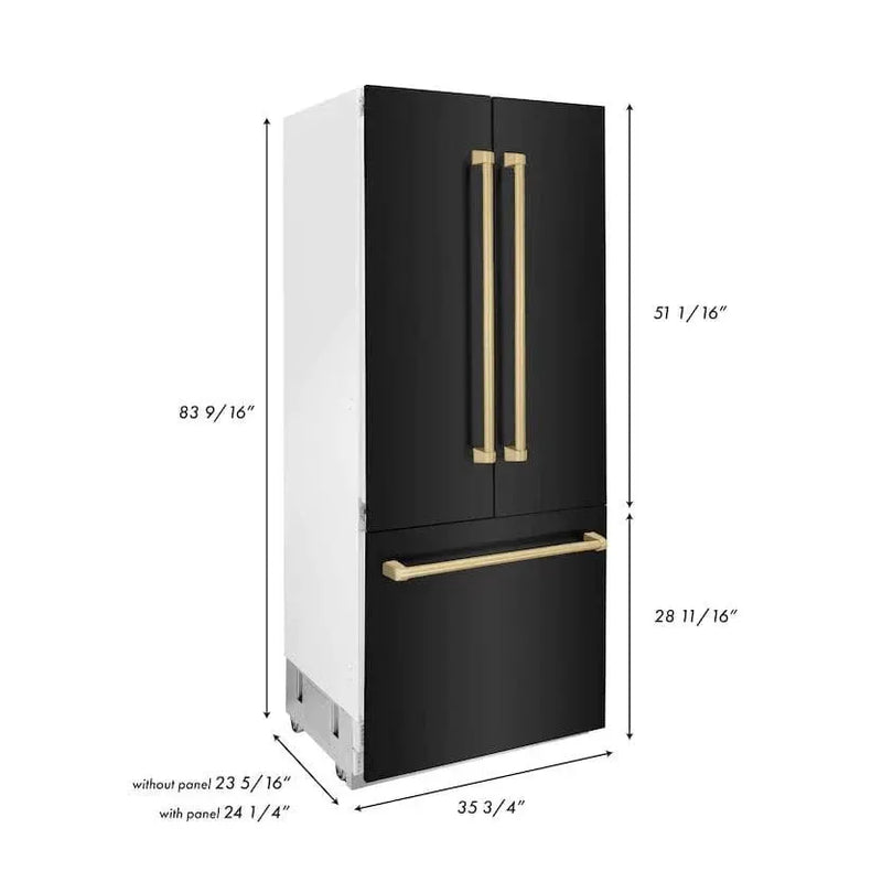 ZLINE 36" Autograph 19.6 cu. ft. 3-Door French Door Fridge Water/Ice Dispenser Black Stainless Steel Gold Accents RBIVZ-BS-36-G by Farmhouse Kitchen and Bath