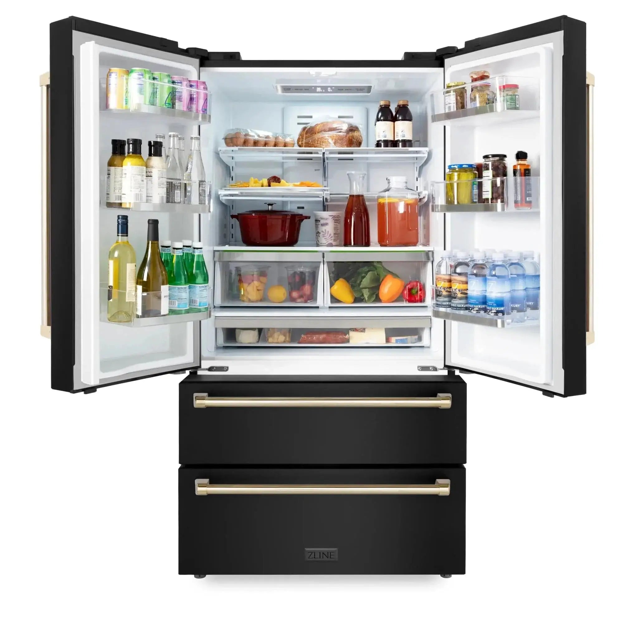 ZLINE 36" Autograph 22.5 cu. Ft French Door Refrigerator with Ice Maker Black Stainless Steel with Gold Accents RFMZ-36-BS-G by Farmhouse Kitchen and Bath