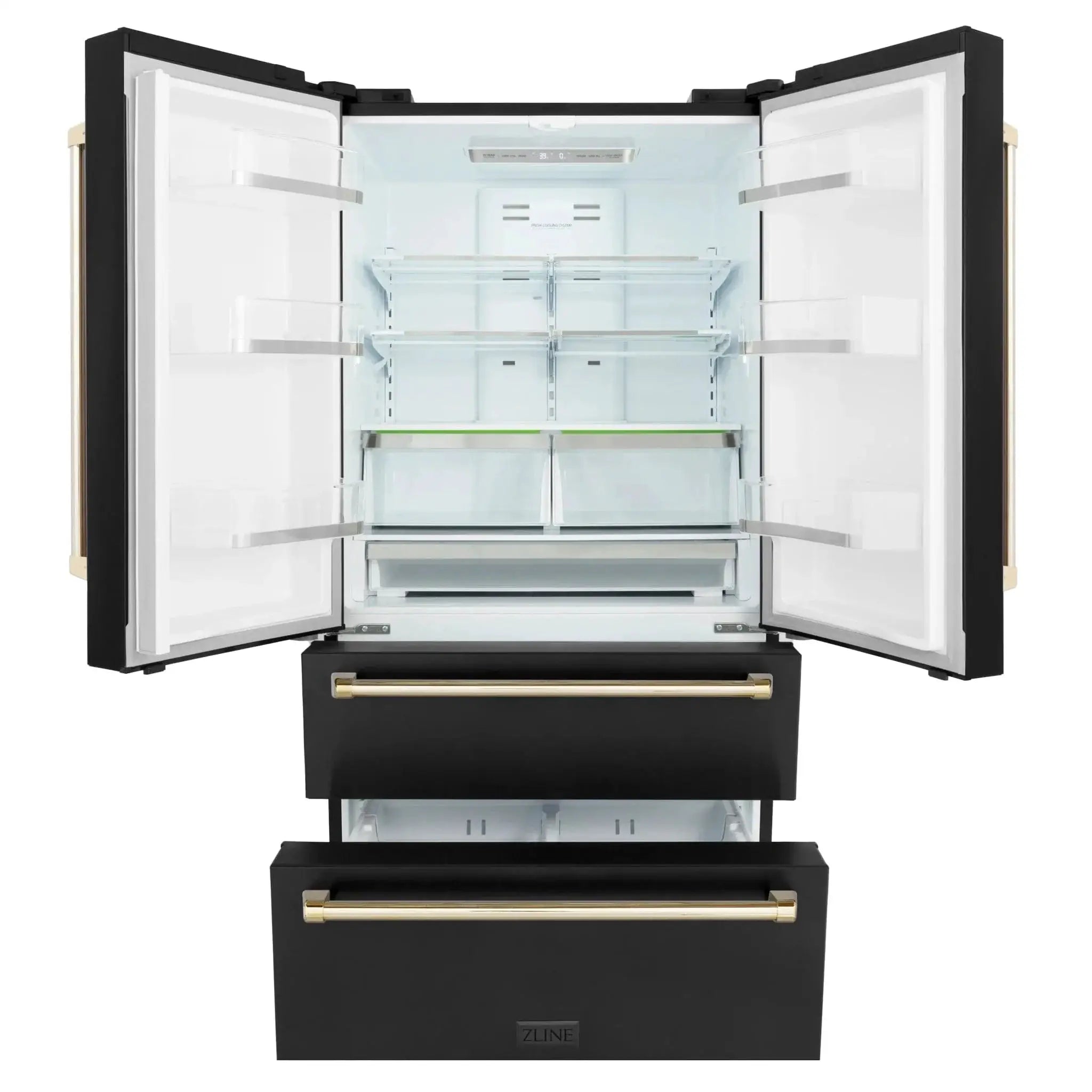 ZLINE 36" Autograph 22.5 cu. Ft French Door Refrigerator with Ice Maker Black Stainless Steel with Gold Accents RFMZ-36-BS-G by Farmhouse Kitchen and Bath