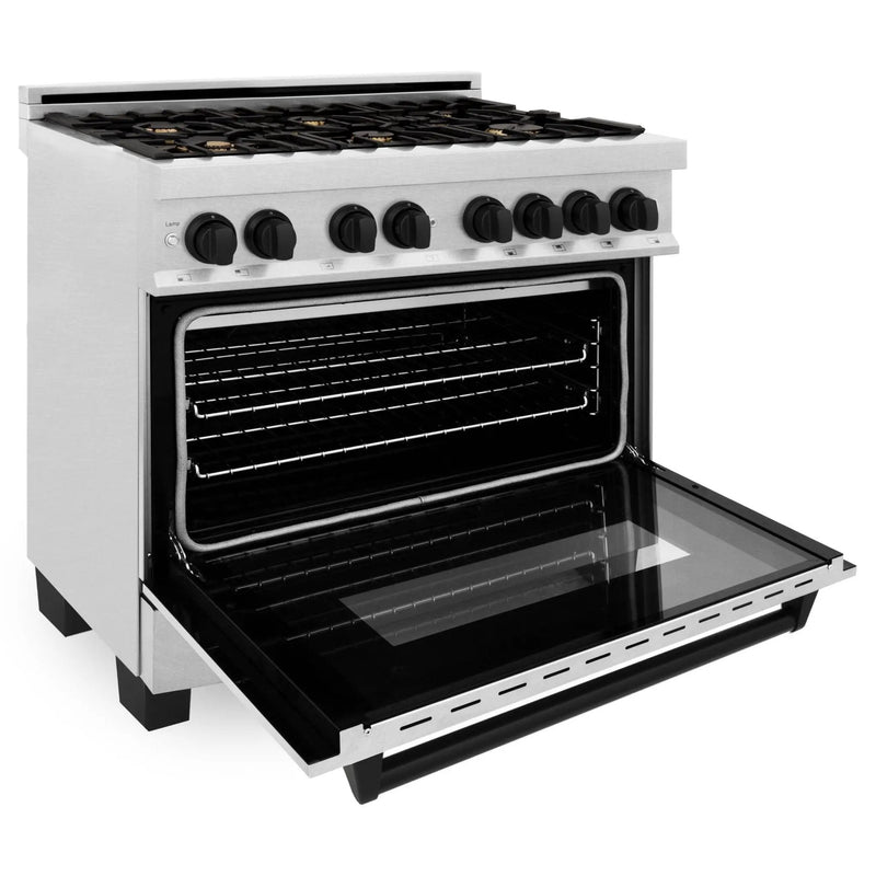 ZLINE 36" Autograph Dual Fuel Range, DuraSnow, Black, RASZ-SN-36-MB by Farmhouse Kitchen and Bath