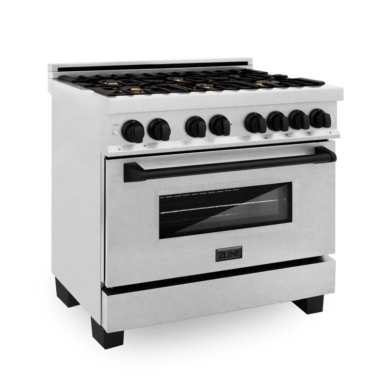 ZLINE 36" Autograph Dual Fuel Range, DuraSnow, Black, RASZ-SN-36-MB by Farmhouse Kitchen and Bath