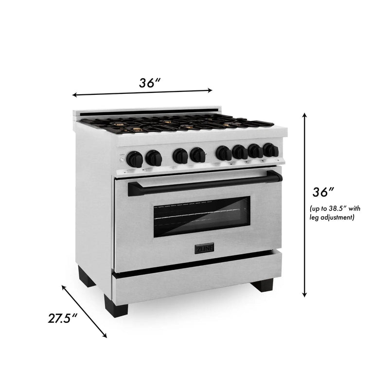 ZLINE 36" Autograph Dual Fuel Range, DuraSnow, Black, RASZ-SN-36-MB by Farmhouse Kitchen and Bath
