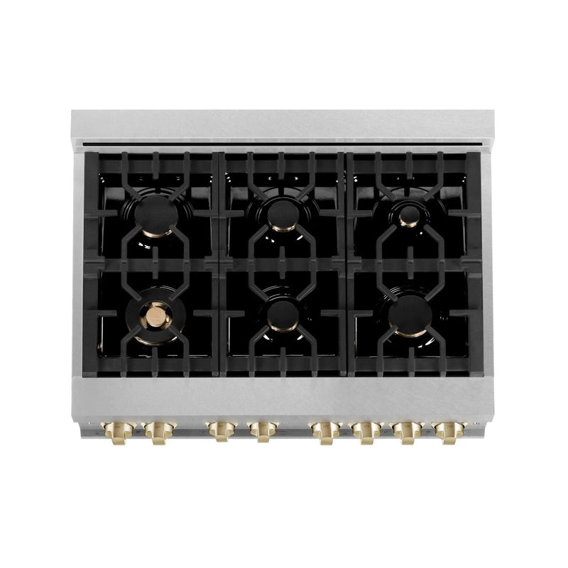 ZLINE 36" Autograph Dual Fuel Range, DuraSnow, Gold, RASZ-SN-36-G by Farmhouse Kitchen and Bath