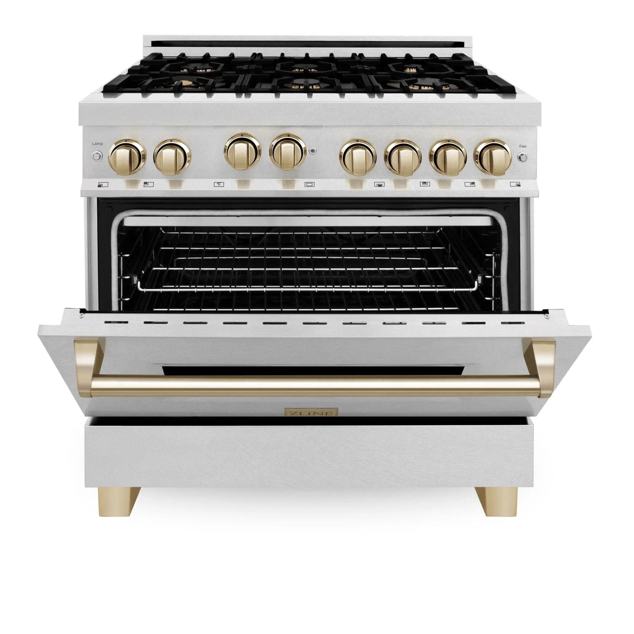 ZLINE 36" Autograph Dual Fuel Range, DuraSnow, Gold, RASZ-SN-36-G by Farmhouse Kitchen and Bath