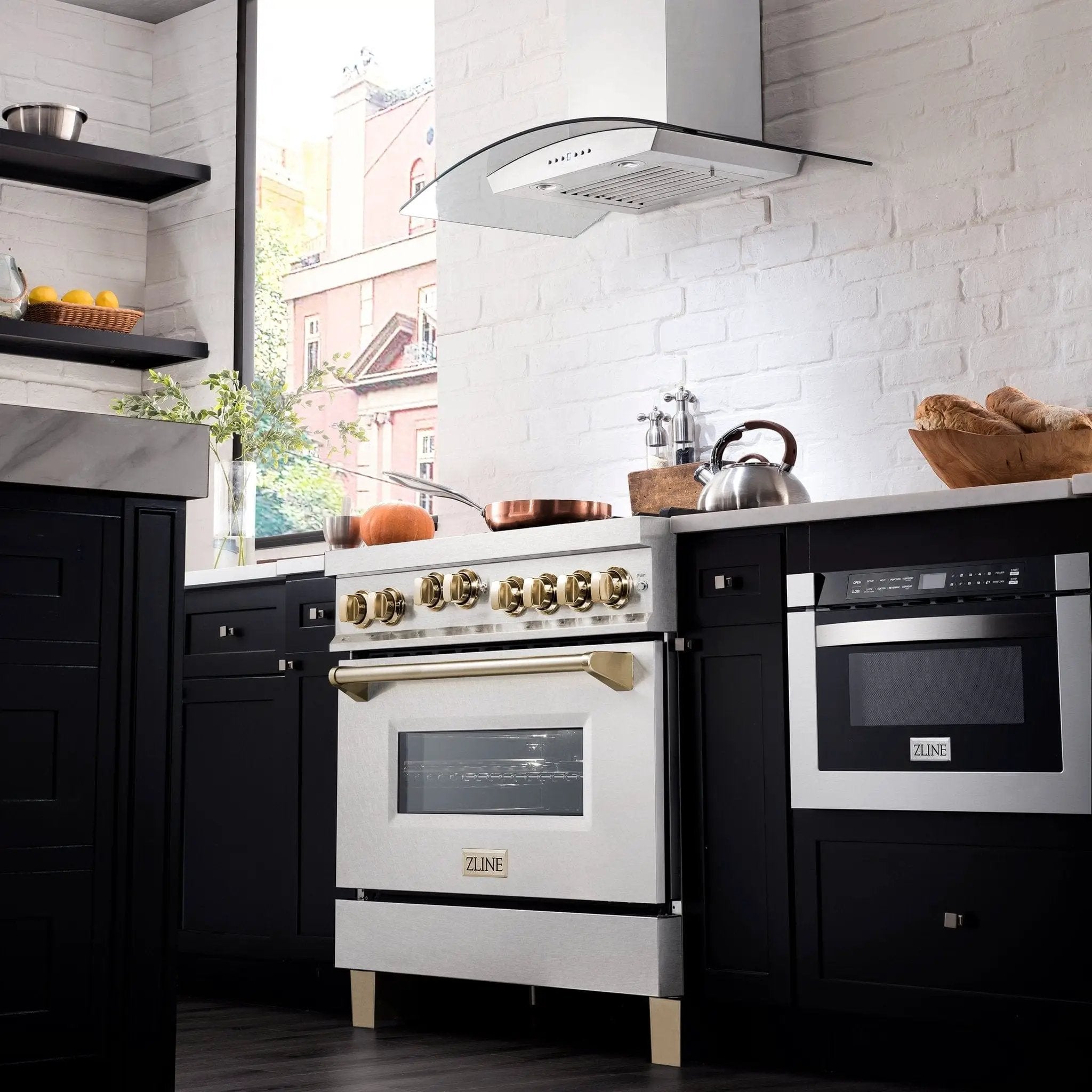 ZLINE 36" Autograph Dual Fuel Range, DuraSnow, Gold, RASZ-SN-36-G by Farmhouse Kitchen and Bath