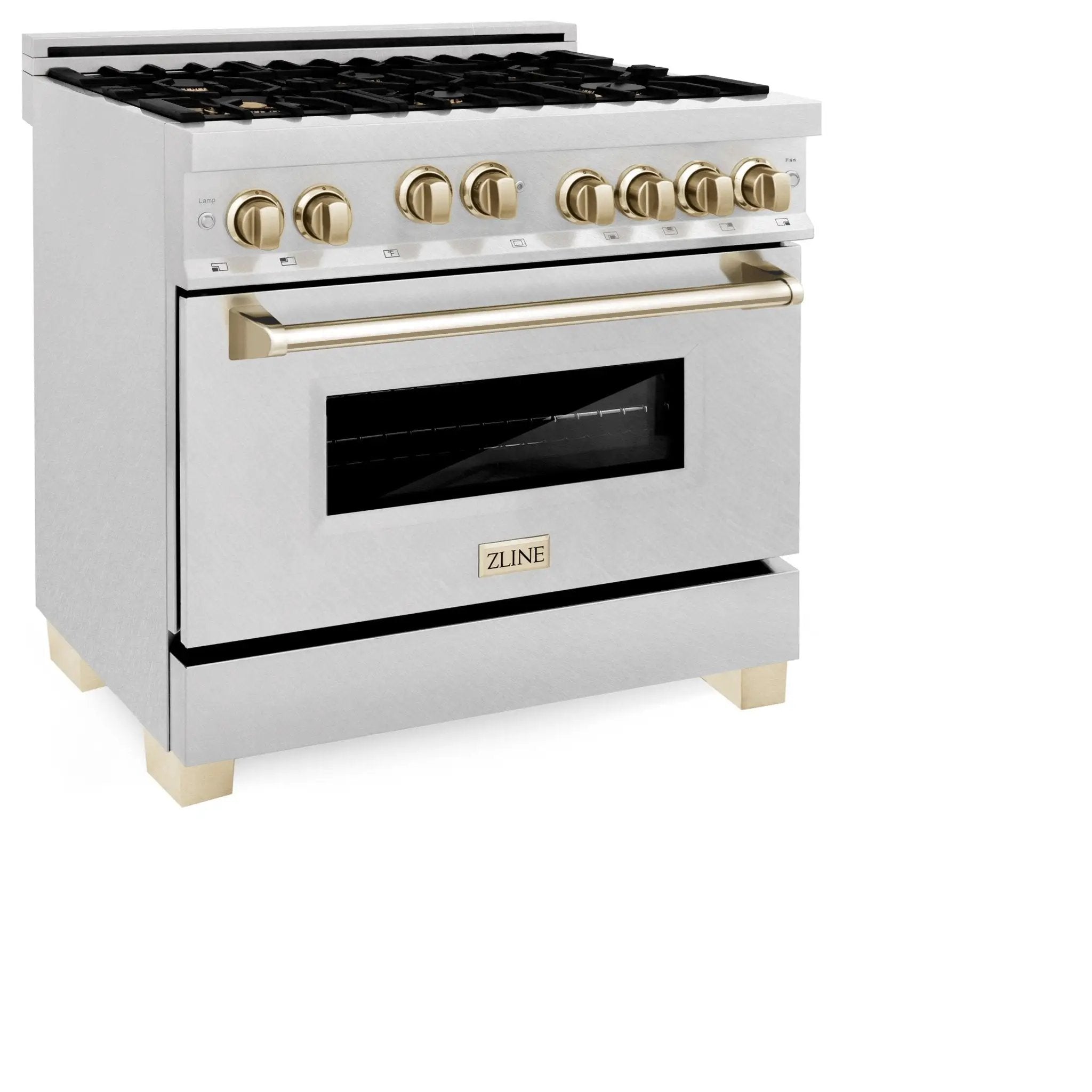ZLINE 36" Autograph Dual Fuel Range, DuraSnow, Gold, RASZ-SN-36-G by Farmhouse Kitchen and Bath