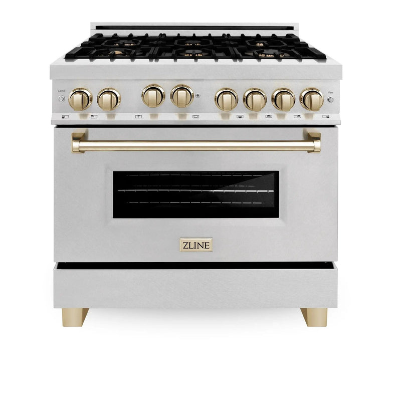 ZLINE 36" Autograph Dual Fuel Range, DuraSnow, Gold, RASZ-SN-36-G by Farmhouse Kitchen and Bath