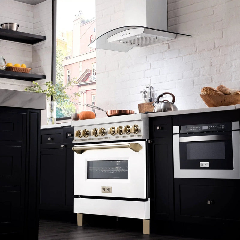 ZLINE 36" Autograph Dual Fuel Range, DuraSnow, White door, RASZ-WM-36-CB by Farmhouse Kitchen and Bath