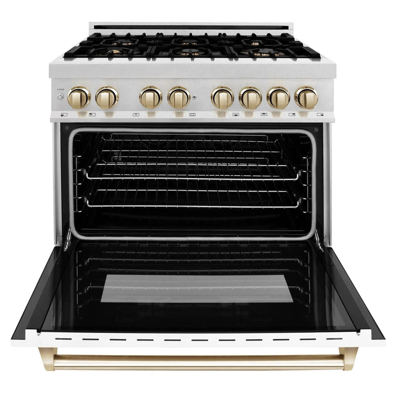 ZLINE 36" Autograph Dual Fuel Range, DuraSnow, White door, RASZ-WM-36-CB by Farmhouse Kitchen and Bath