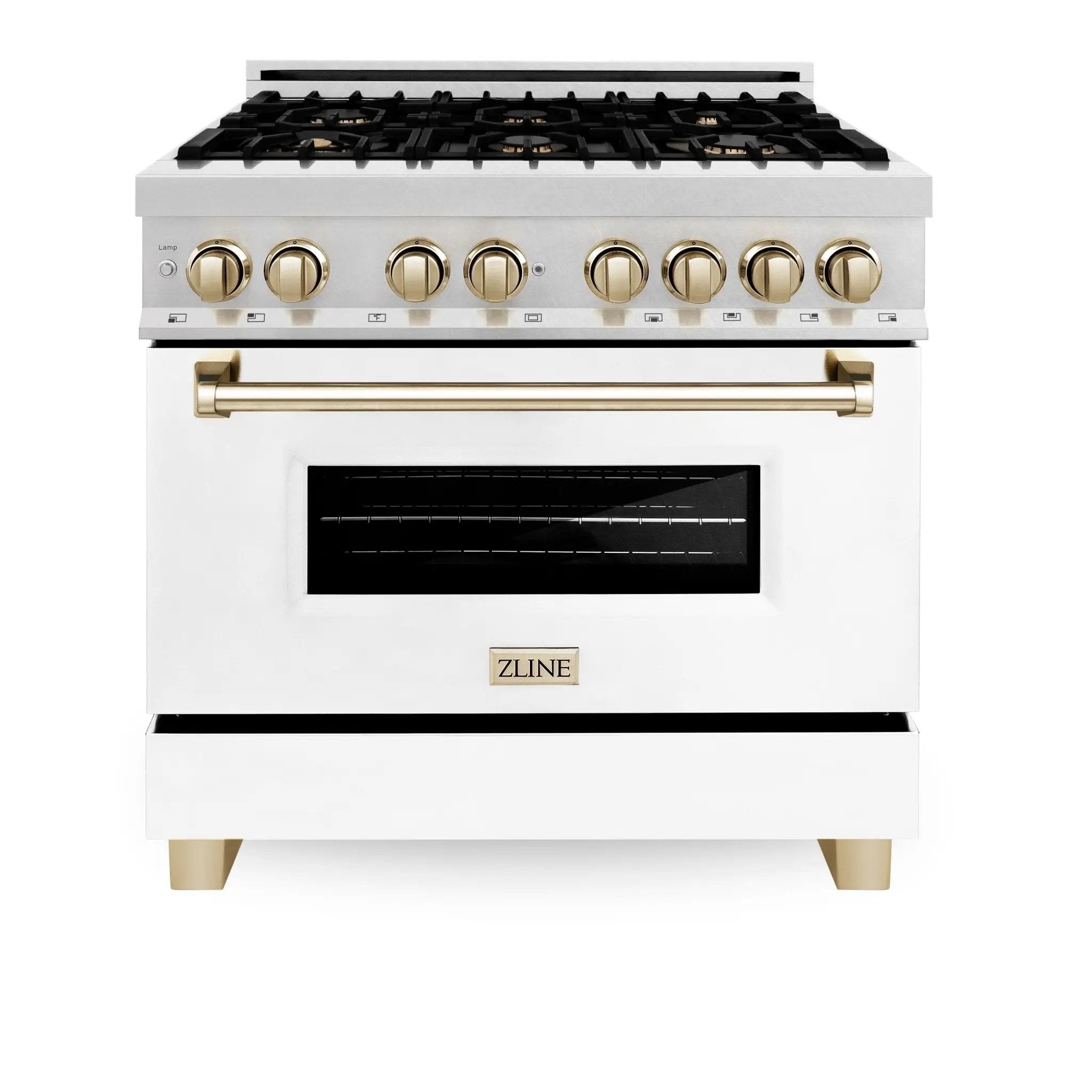 ZLINE 36" Autograph Dual Fuel Range, DuraSnow, White door, RASZ-WM-36-CB by Farmhouse Kitchen and Bath