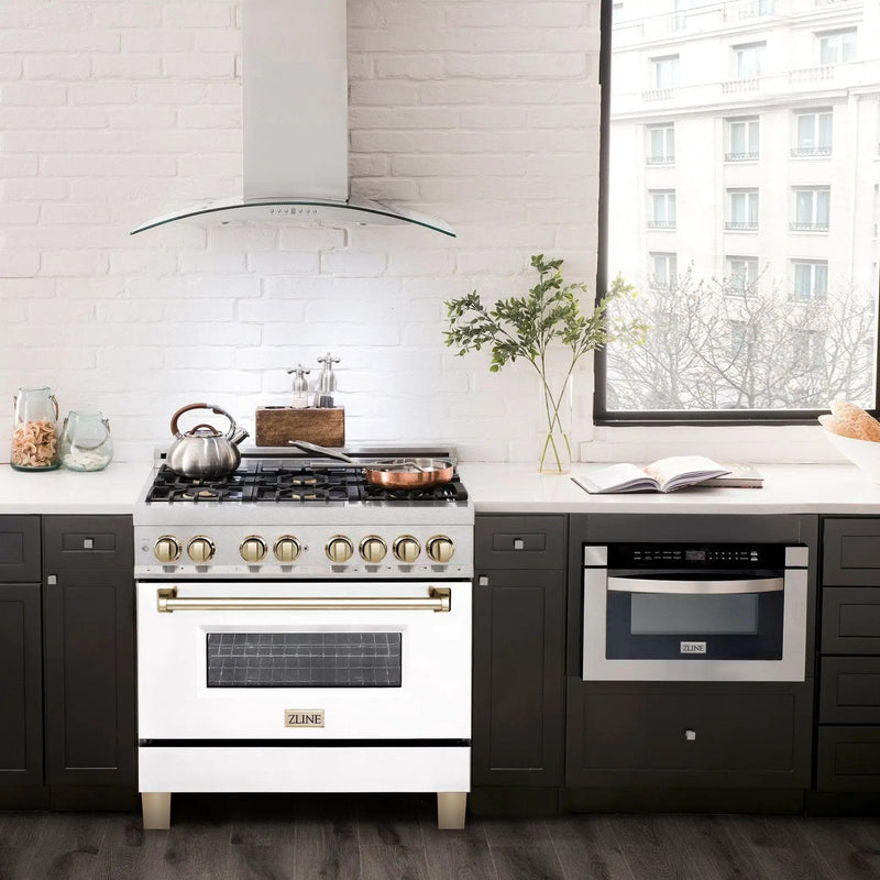 ZLINE 36" Autograph Dual Fuel Range, DuraSnow, White door, RASZ-WM-36-CB by Farmhouse Kitchen and Bath