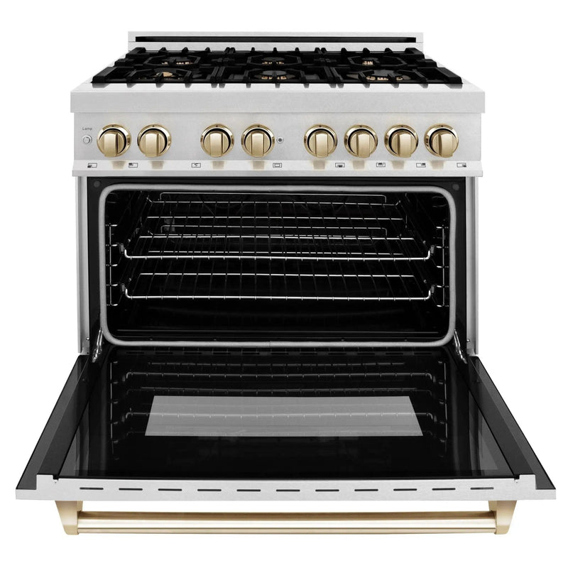 ZLINE 36" Autograph Dual Fuel Range, DuraSnow,Champagne, RASZ-SN-36-CB by Farmhouse Kitchen and Bath