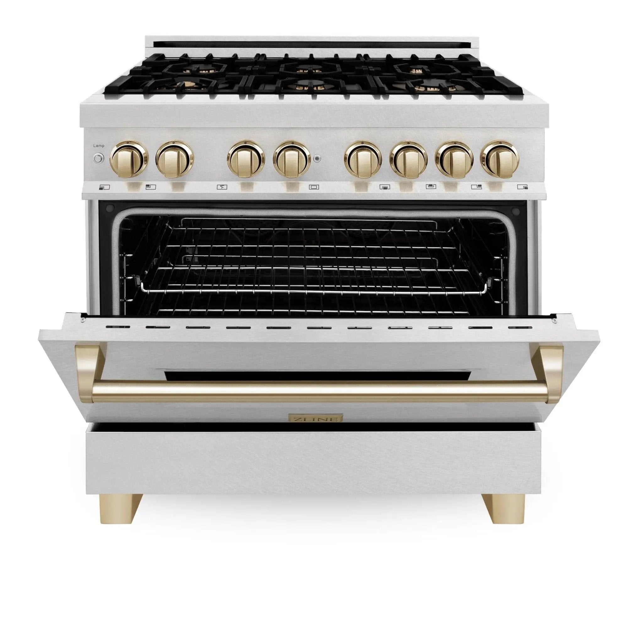 ZLINE 36" Autograph Dual Fuel Range, DuraSnow,Champagne, RASZ-SN-36-CB by Farmhouse Kitchen and Bath