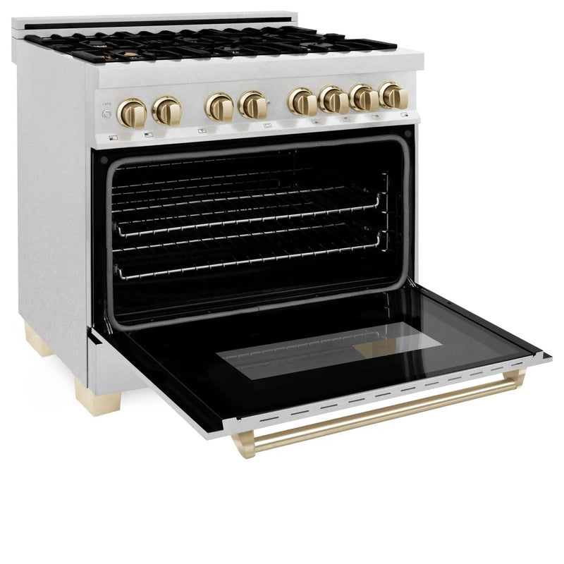 ZLINE 36" Autograph Dual Fuel Range, DuraSnow,Champagne, RASZ-SN-36-CB by Farmhouse Kitchen and Bath