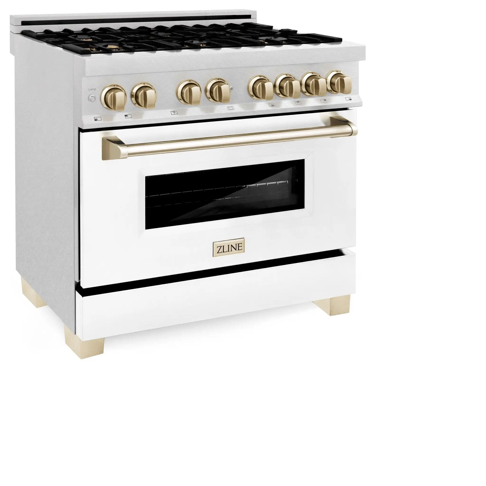 ZLINE 36" Autograph Dual Fuel Range, White, Champaign Accents, RAZ-WM-36-CB by Farmhouse Kitchen and Bath
