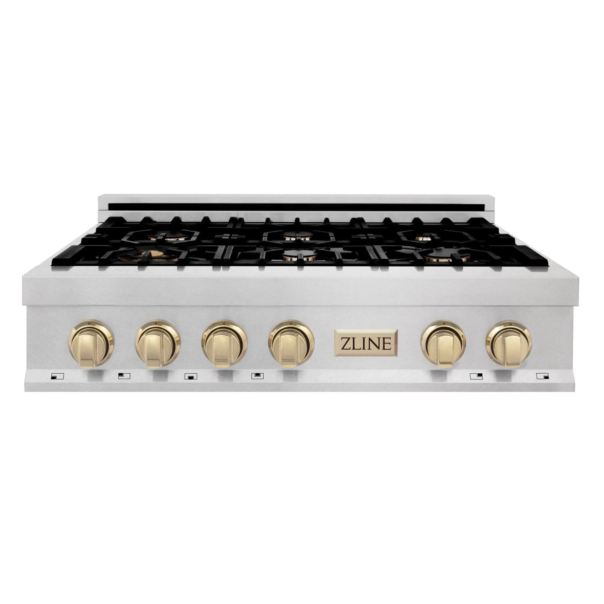 ZLINE 36" Autograph Edition Rangetop, DuraSnow, Gold Accent, RTSZ-36-G by Farmhouse Kitchen and Bath