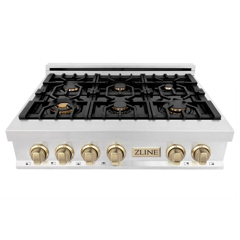 ZLINE 36" Autograph Edition Rangetop, DuraSnow, Gold Accent, RTSZ-36-G by Farmhouse Kitchen and Bath