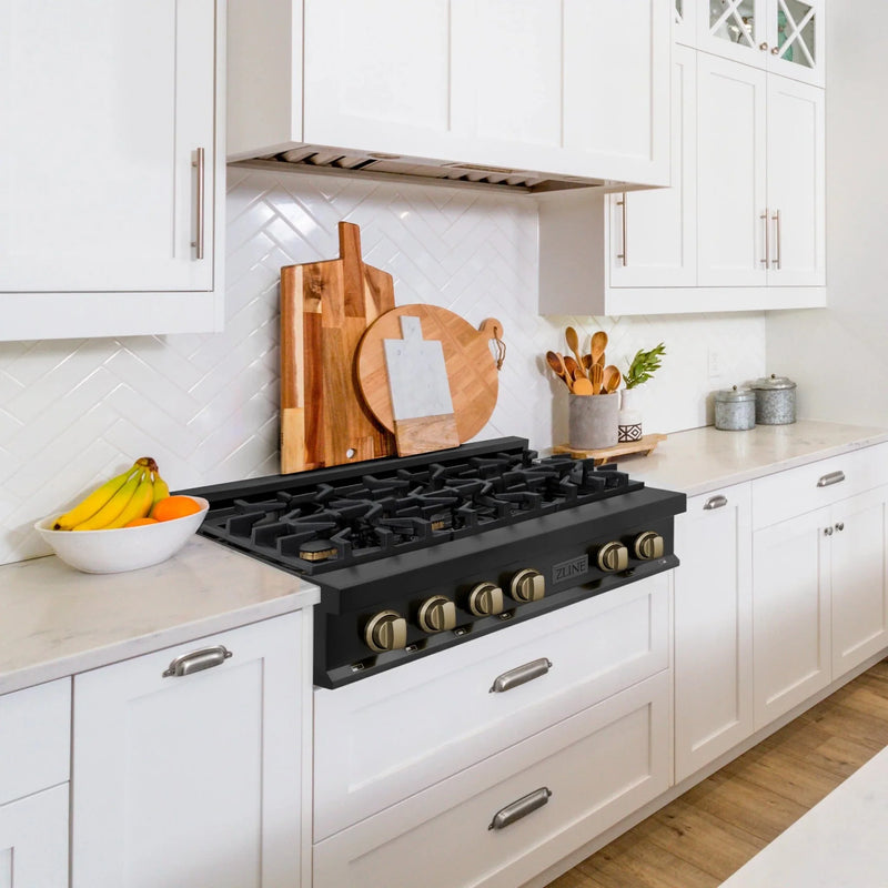 ZLINE 36" Autograph Rangetop, Black Stainless, Gold Accents, RTBZ-36-CB by Farmhouse Kitchen and Bath