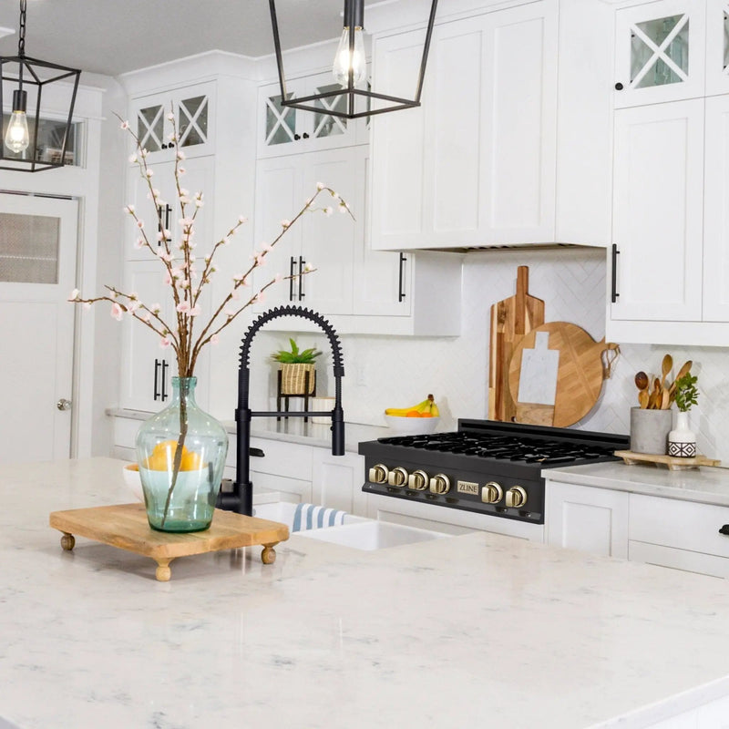 ZLINE 36" Autograph Rangetop, Black Stainless, Gold Accents, RTBZ-36-G by Farmhouse Kitchen and Bath