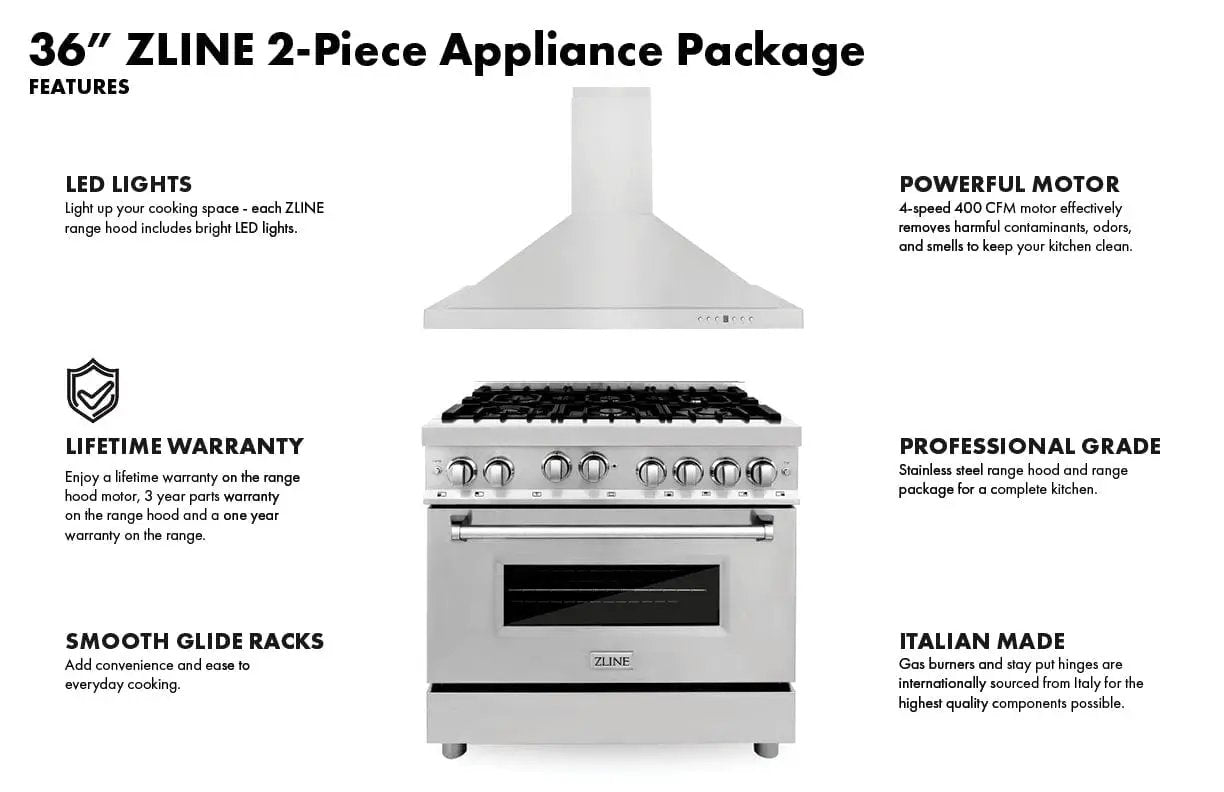 ZLINE 36" Bundle Range RA36 & Wall Range Hood KB-36, 2KP-RARH36 by Farmhouse Kitchen and Bath
