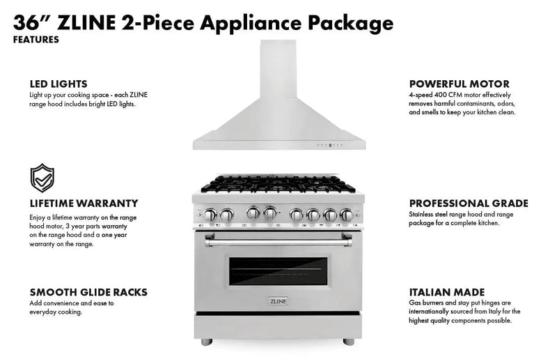 ZLINE 36" Bundle Range RA36 & Wall Range Hood KB-36, 2KP-RARH36 by Farmhouse Kitchen and Bath