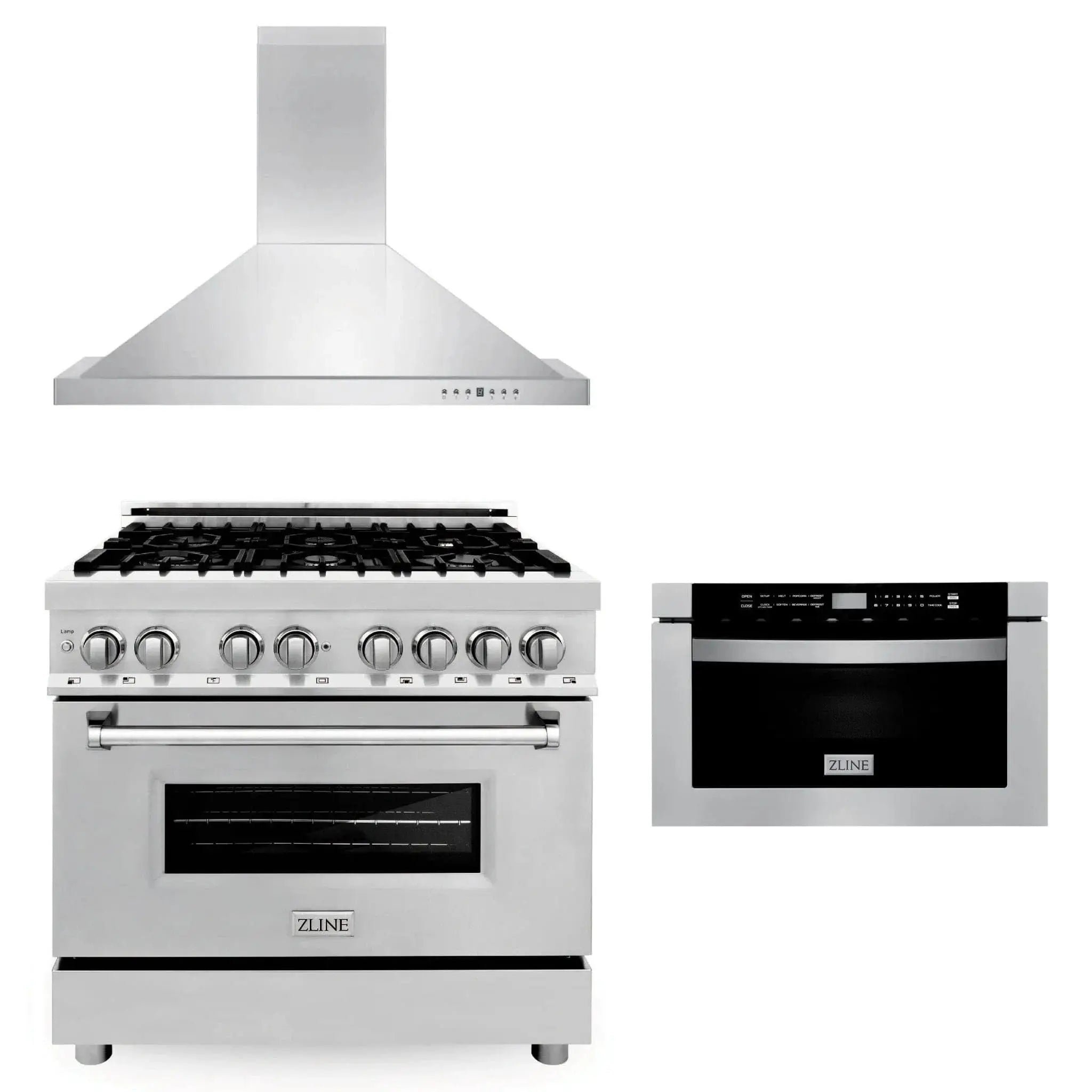 ZLINE 36" Bundled Stainless Dual Range, Range Hood, Microwave, 3KP-RARH36-MW by Farmhouse Kitchen and Bath
