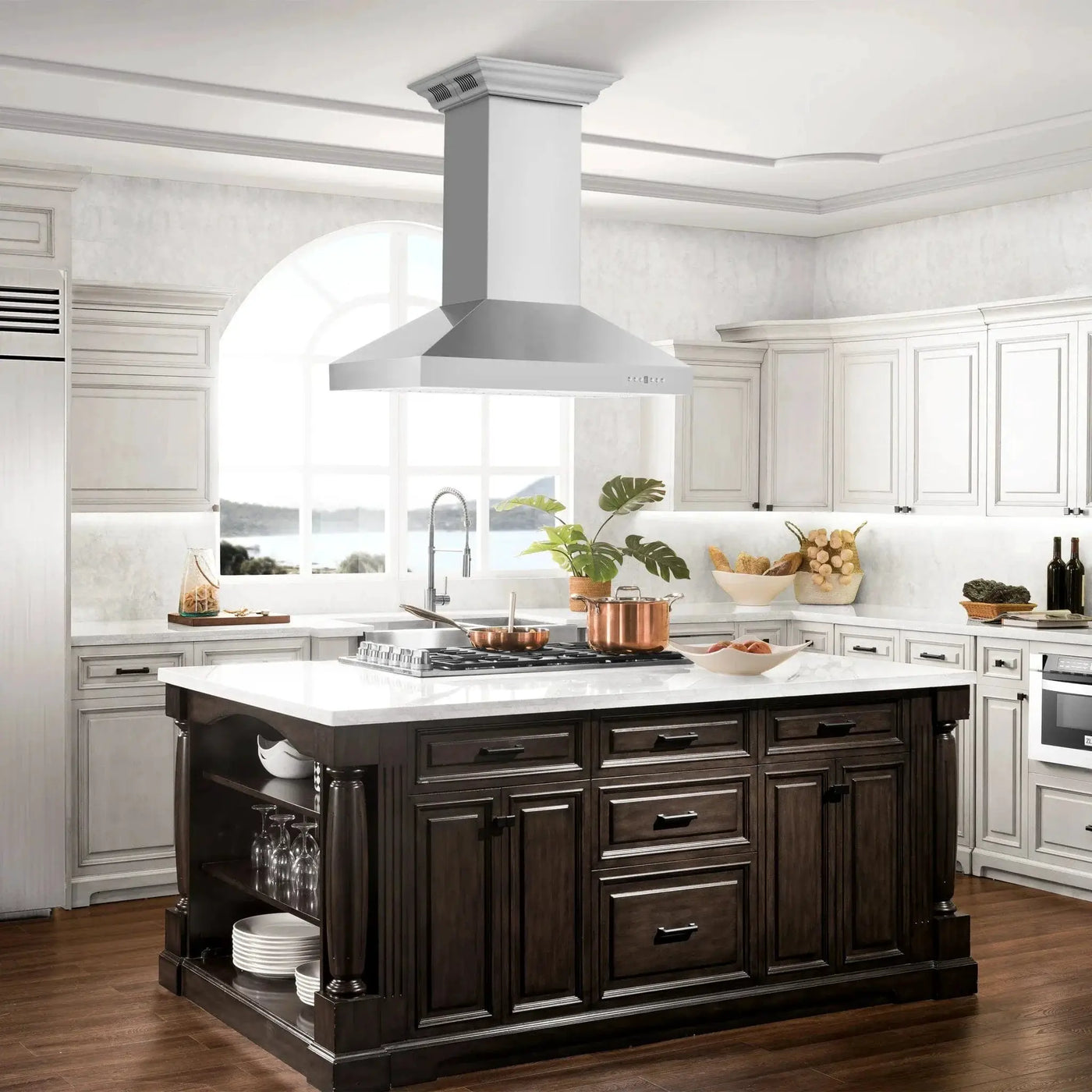 ZLINE CrownSound‚ Ducted Vent Island Mount Range Hood in Stainless Steel, Built-in Bluetooth Speakers, KL3iCRN-BT by Farmhouse Kitchen and Bath