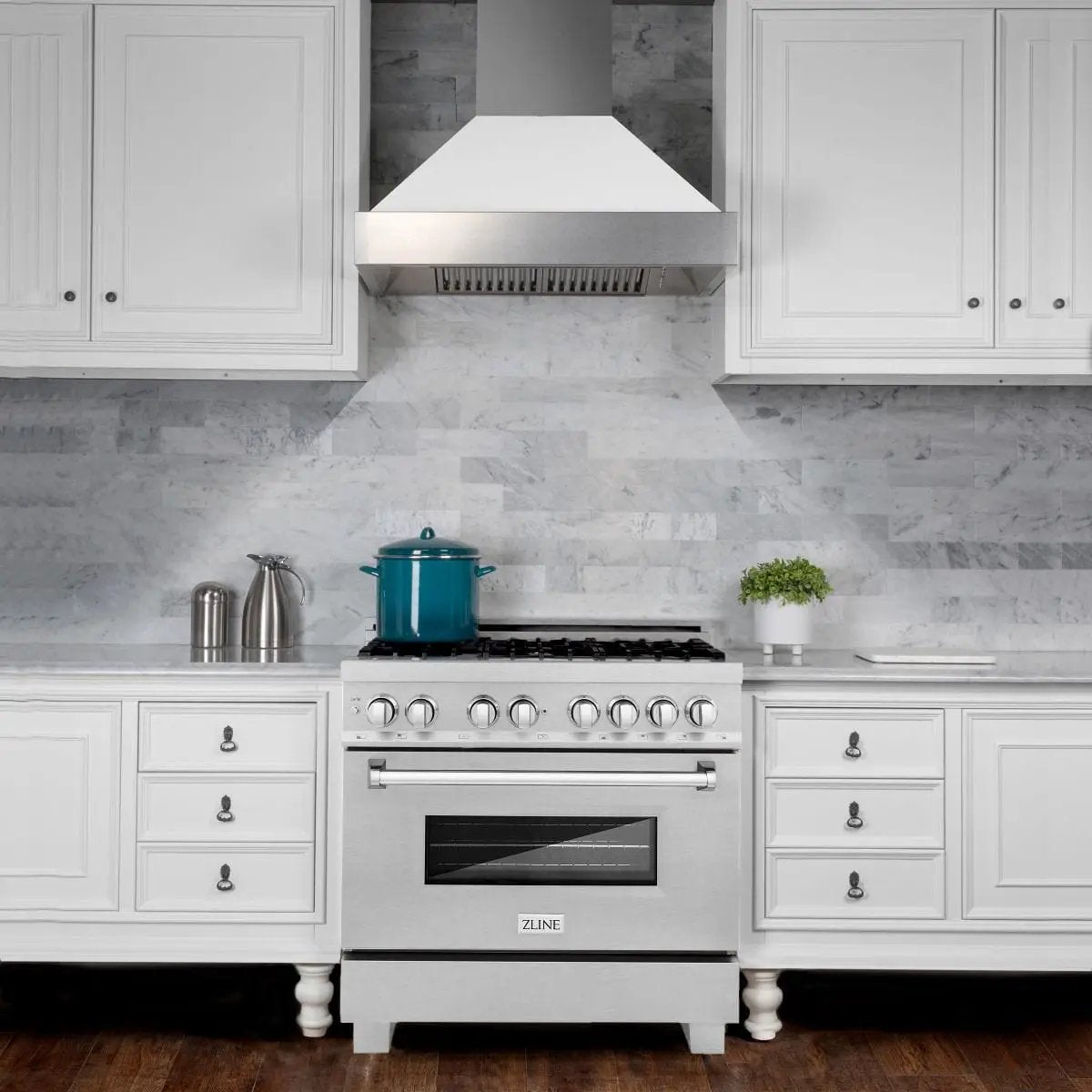 ZLINE 36" Dual Fuel Range, DuraSnow, Stainless, Brass Burners, RAS-SN-BR-36 by Farmhouse Kitchen and Bath