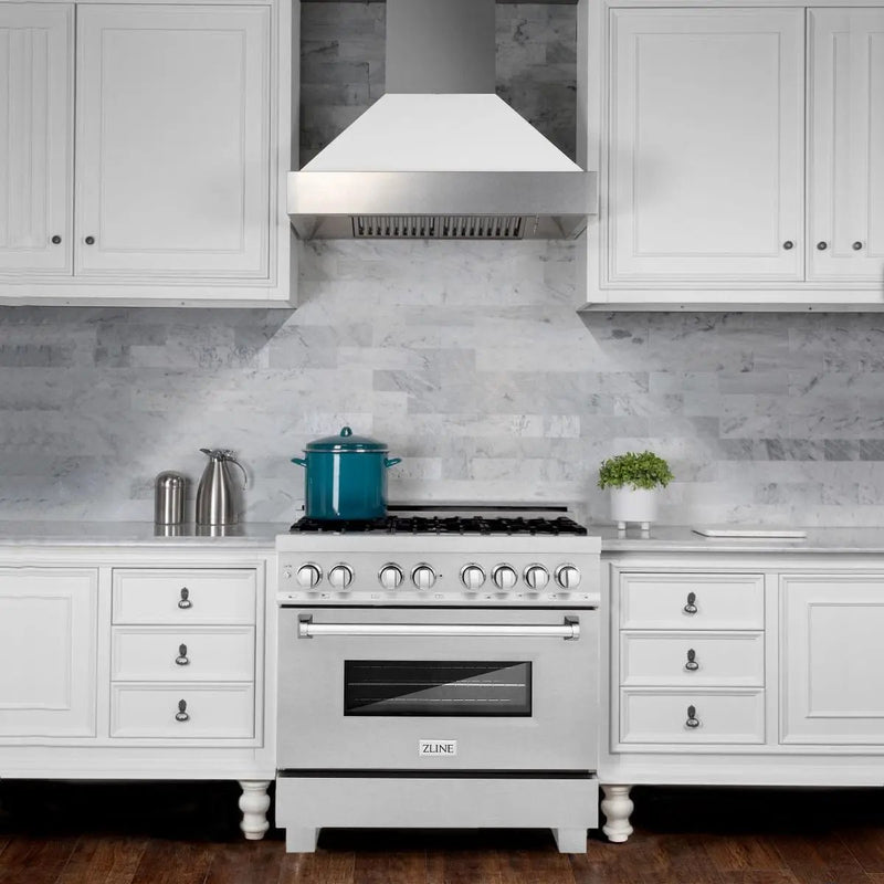 ZLINE 36" Dual Fuel Range, DuraSnow, Stainless, Brass Burners, RAS-SN-BR-36 by Farmhouse Kitchen and Bath