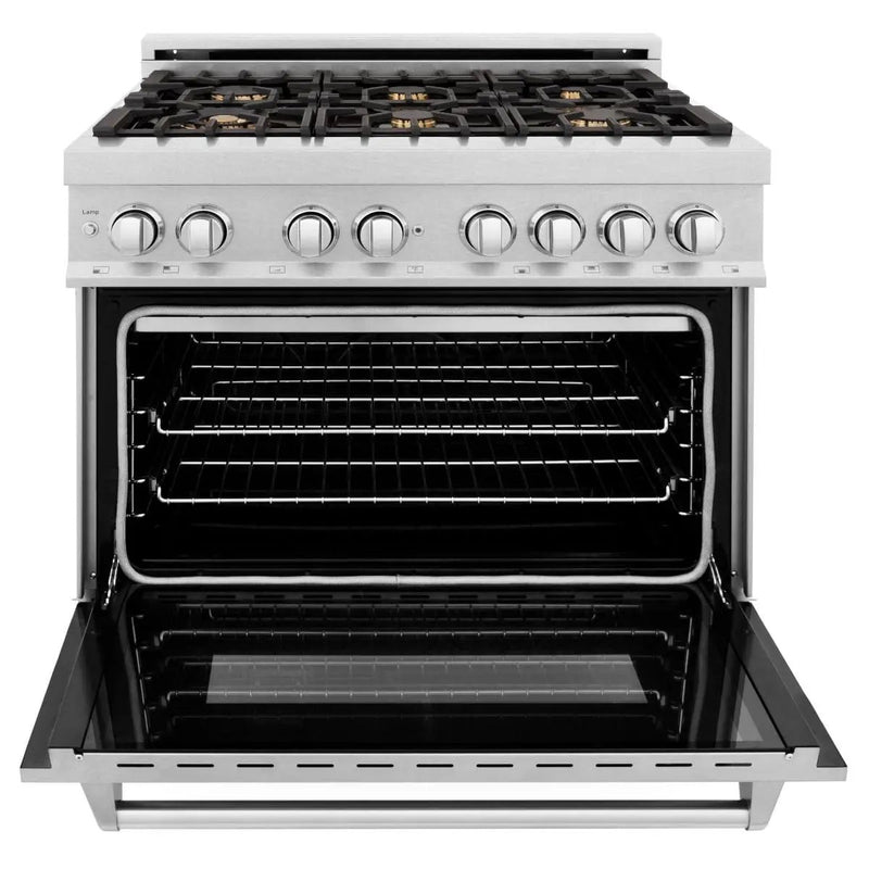 ZLINE 36" Dual Fuel Range, DuraSnow, Stainless, Brass Burners, RAS-SN-BR-36 by Farmhouse Kitchen and Bath
